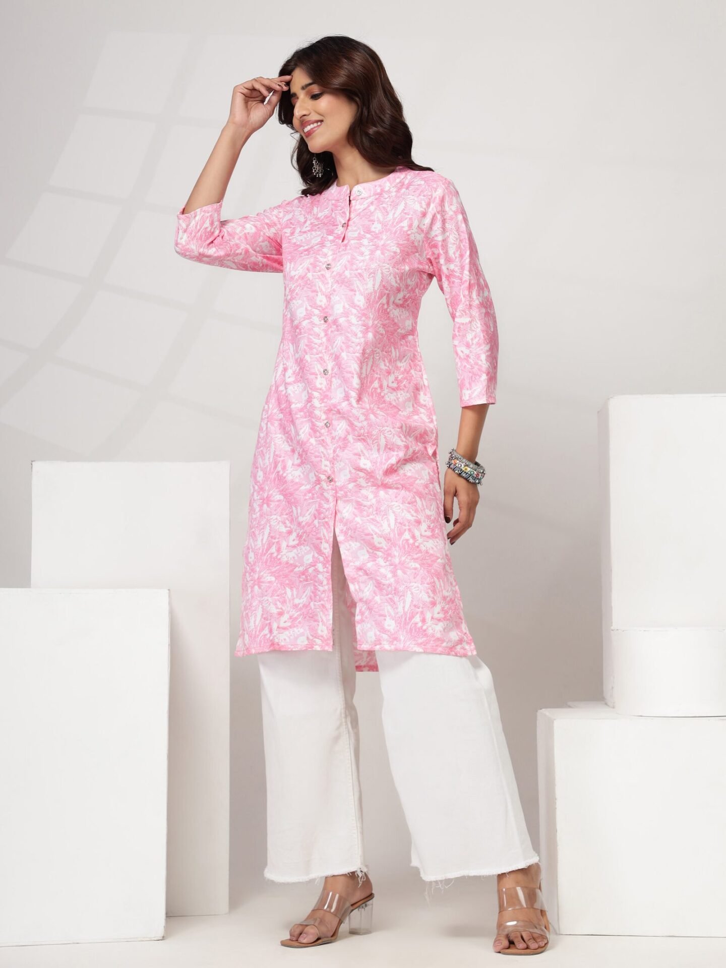 Women's Pink Floral Printed Straight Kurti Dress - Image 5