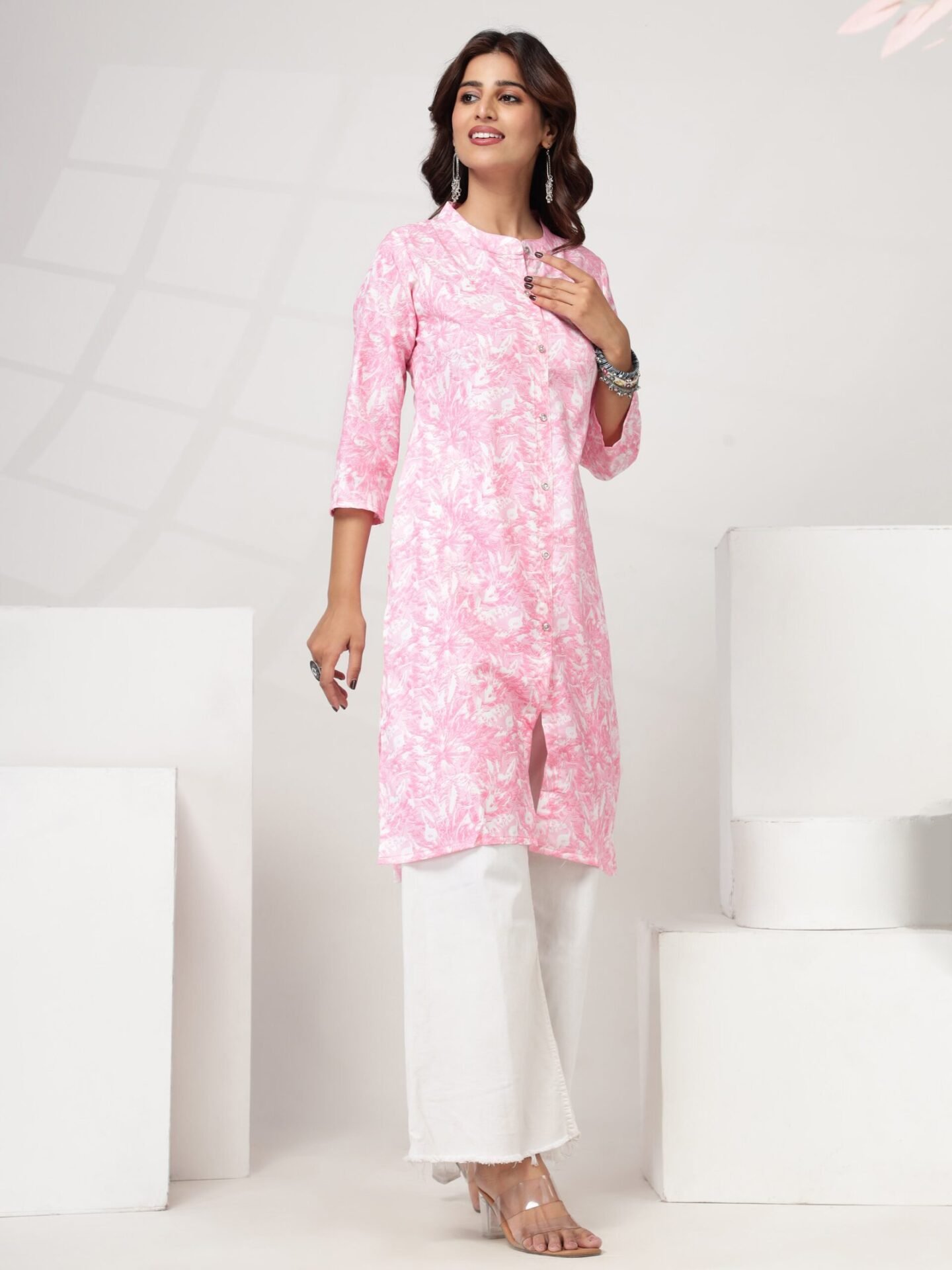 Women's Pink Floral Printed Straight Kurti Dress - Image 4