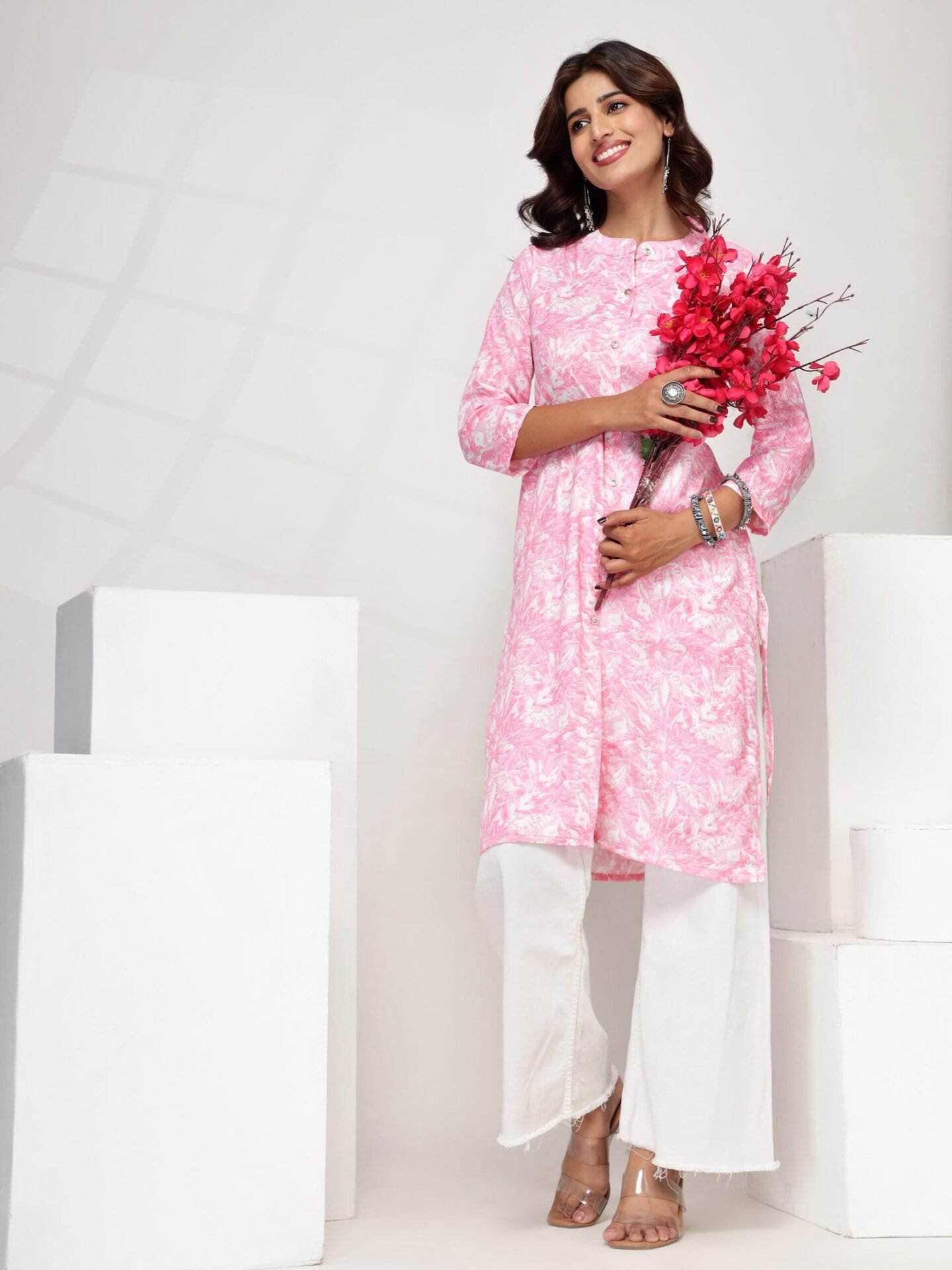 Women's Pink Floral Printed Straight Kurti Dress - Image 2