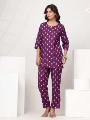 Women's Purple Wine-Toned Straight-Cut Co-ord Set