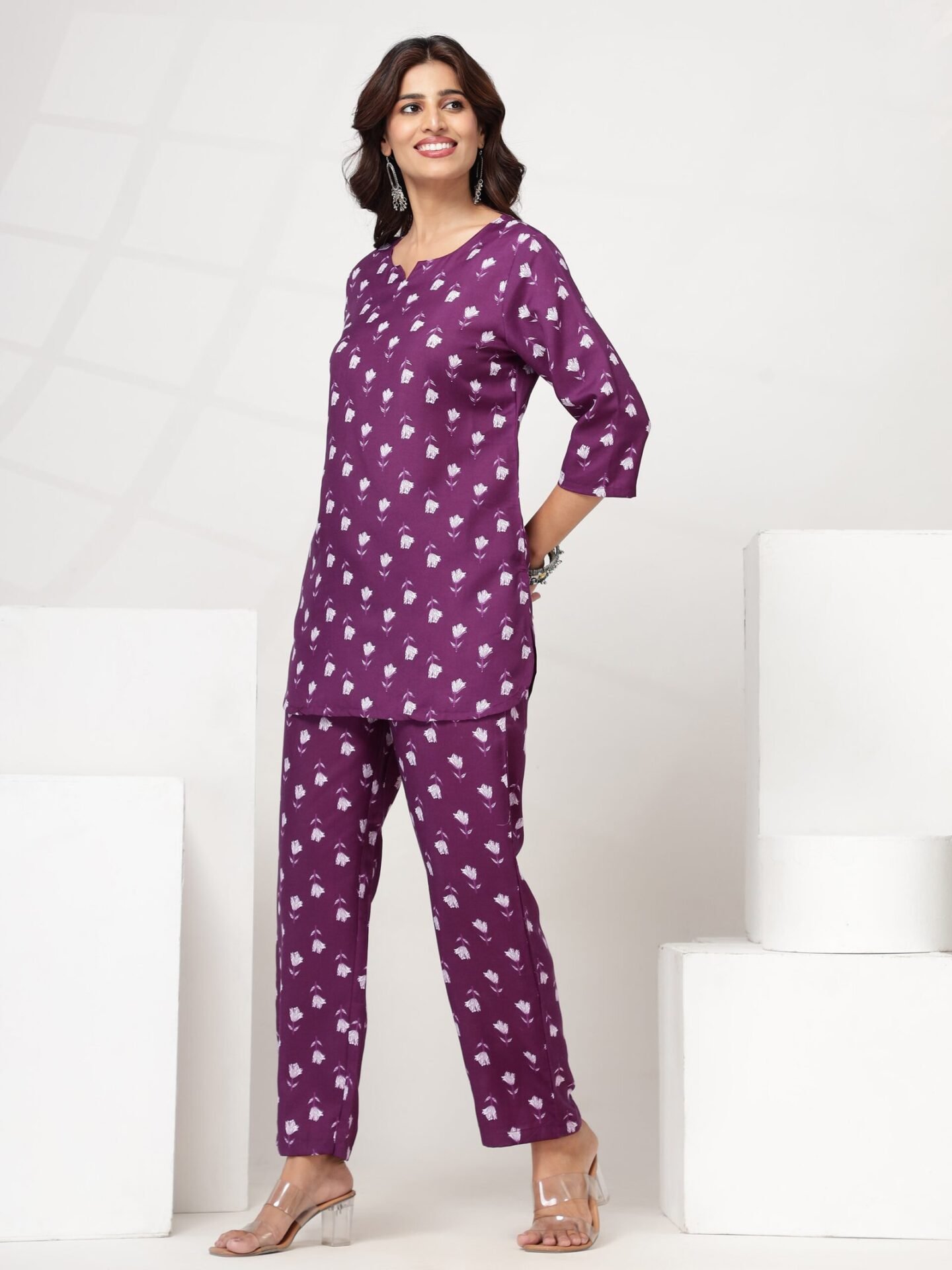 Women's Purple Wine-Toned Straight-Cut Co-ord Set - Image 3