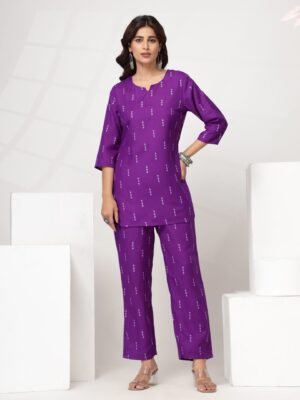 Women's Violet Geometric Motif Straight Co-ord Set