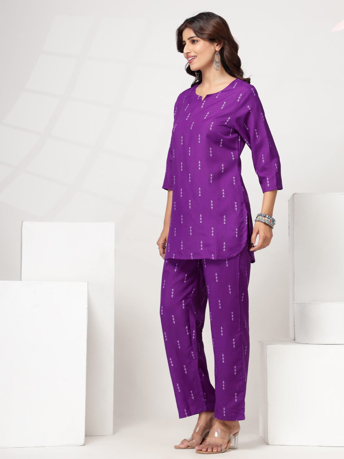 Women's Violet Geometric Motif Straight Co-ord Set - Image 2