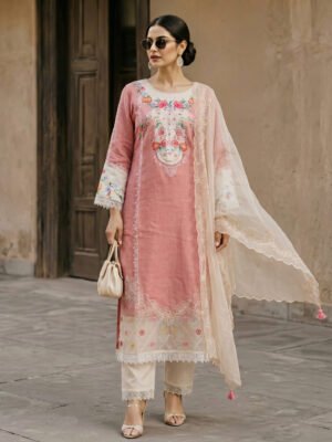 Rose Pink Embroidered Organza Dupatta Kurta Set