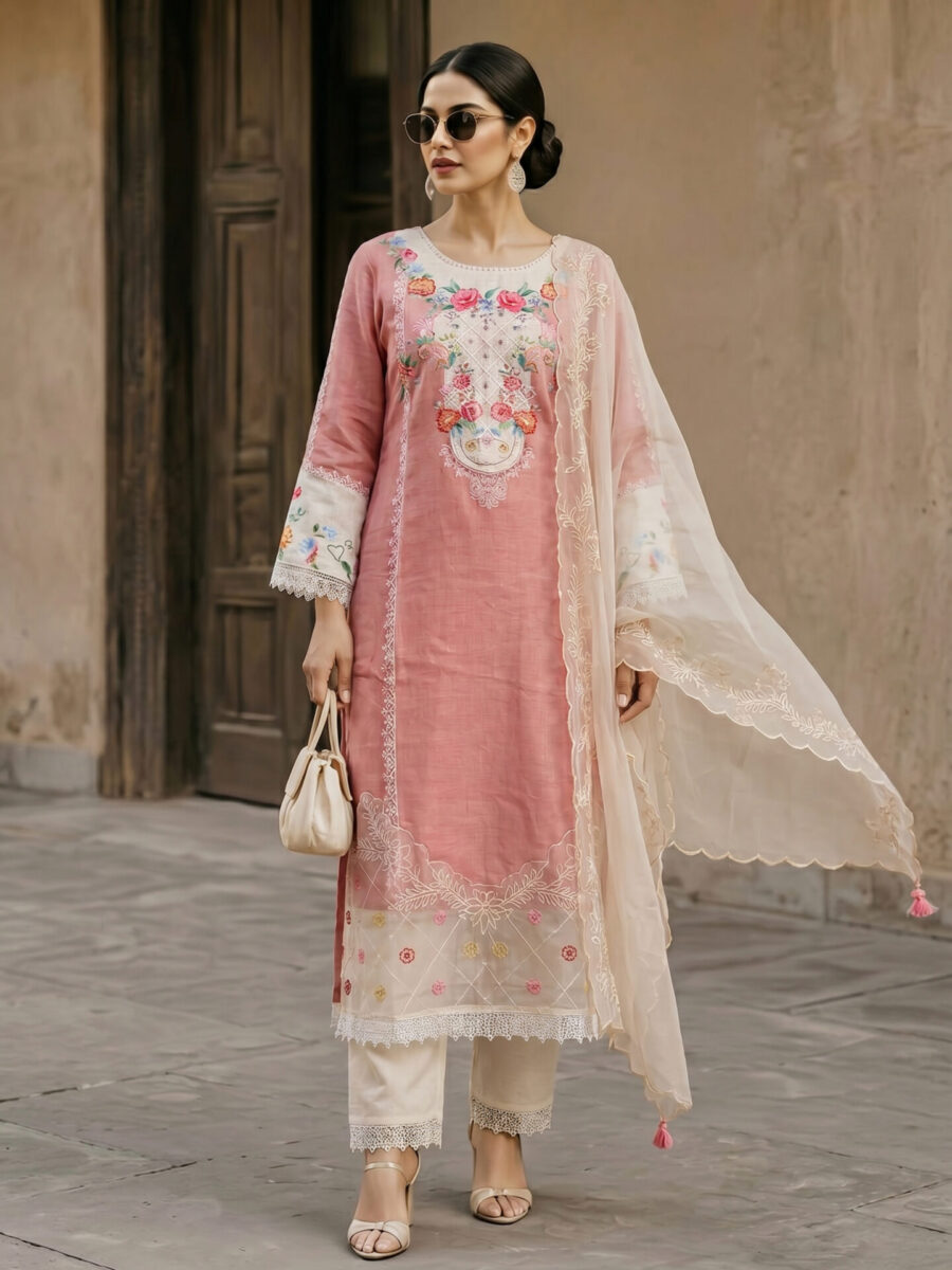 Rose Pink Embroidered Organza Dupatta Kurta Set