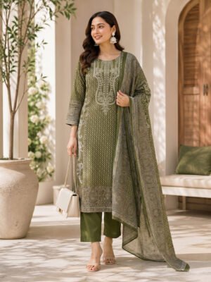 Olive Embroidered Kurta Set With Paisley Dupatta