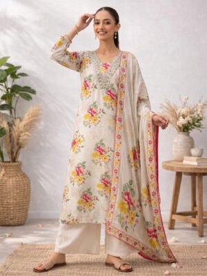 Ivory Floral Beaded V-Neck Kurta Set