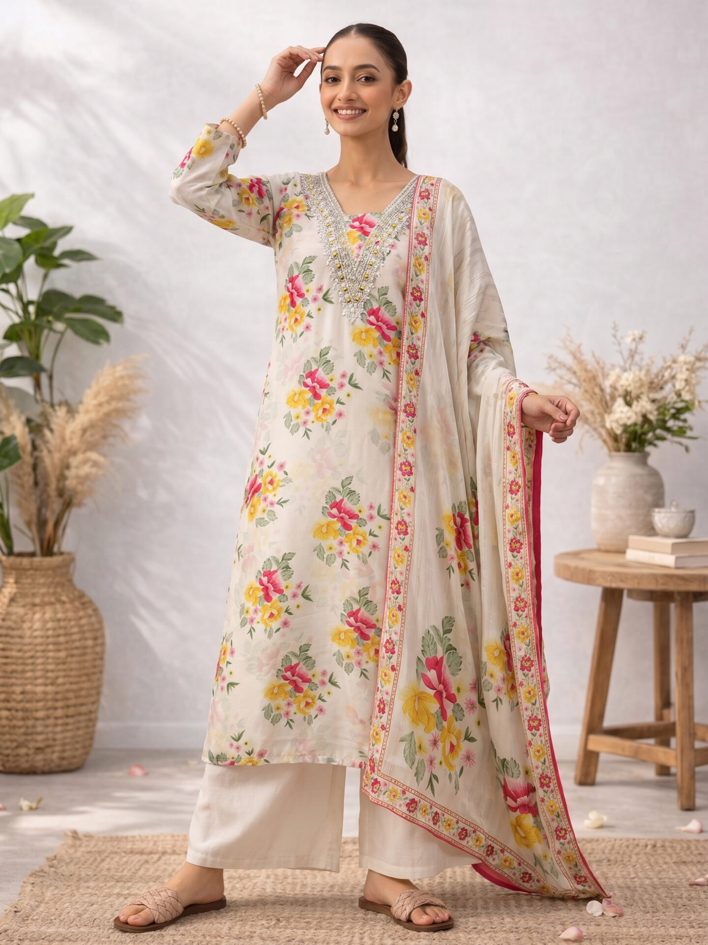Ivory Floral Beaded V-Neck Kurta Set