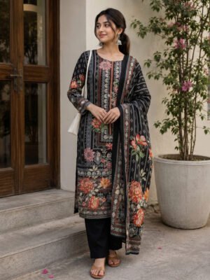 Black Floral Printed Kurta Set With Dupatta
