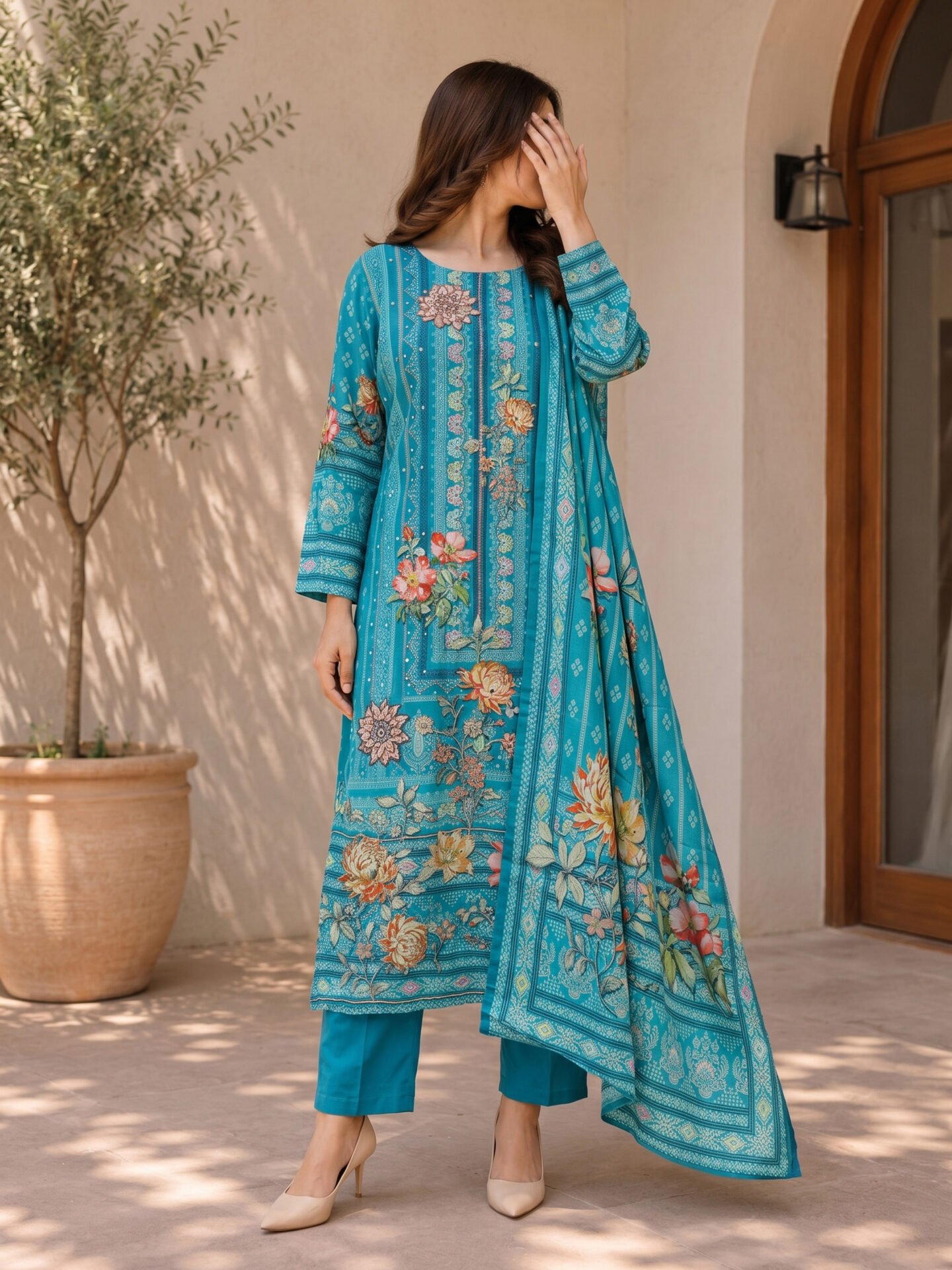 Turquoise Floral Embellished Kurta Set - Image 2