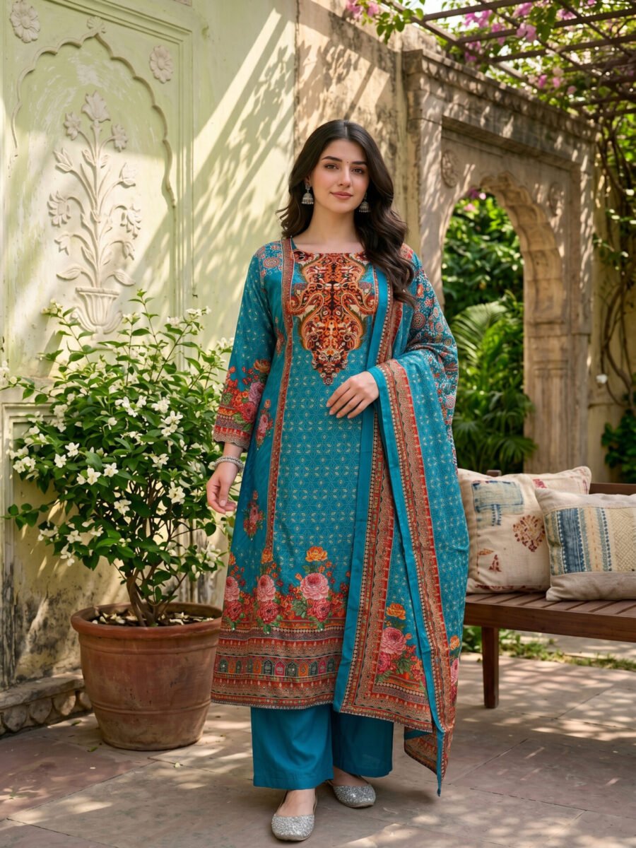 Teal Embroidered Kurta Set With Paisley Dupatta