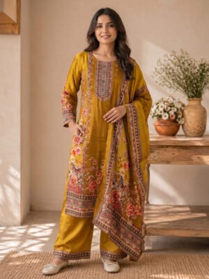 Mustard Floral Printed Kurta Set With Dupatta