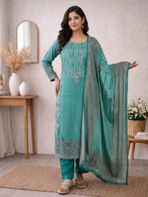 Teal Embroidered Kurta Set With Paisley Dupatta