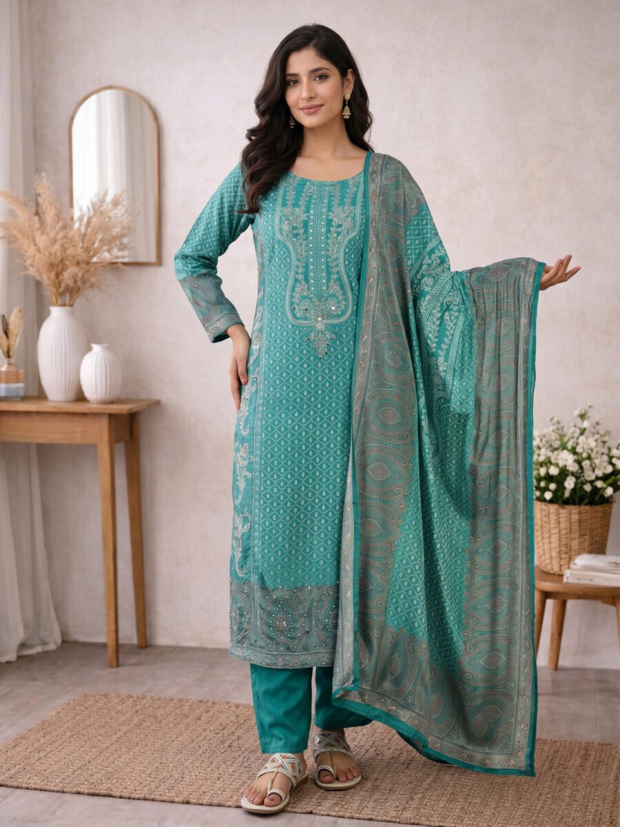 Teal Embroidered Kurta Set With Paisley Dupatta