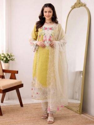 Yellow Embroidered Organza Dupatta Kurta Set