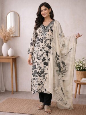 Black White Botanical Beaded V-Neck Kurta Set