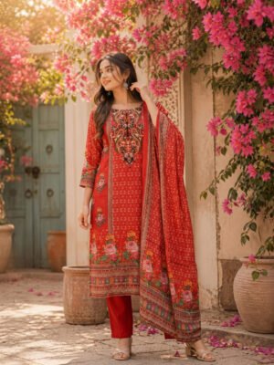 Red Paisley Printed Kurta Set With Dupatta