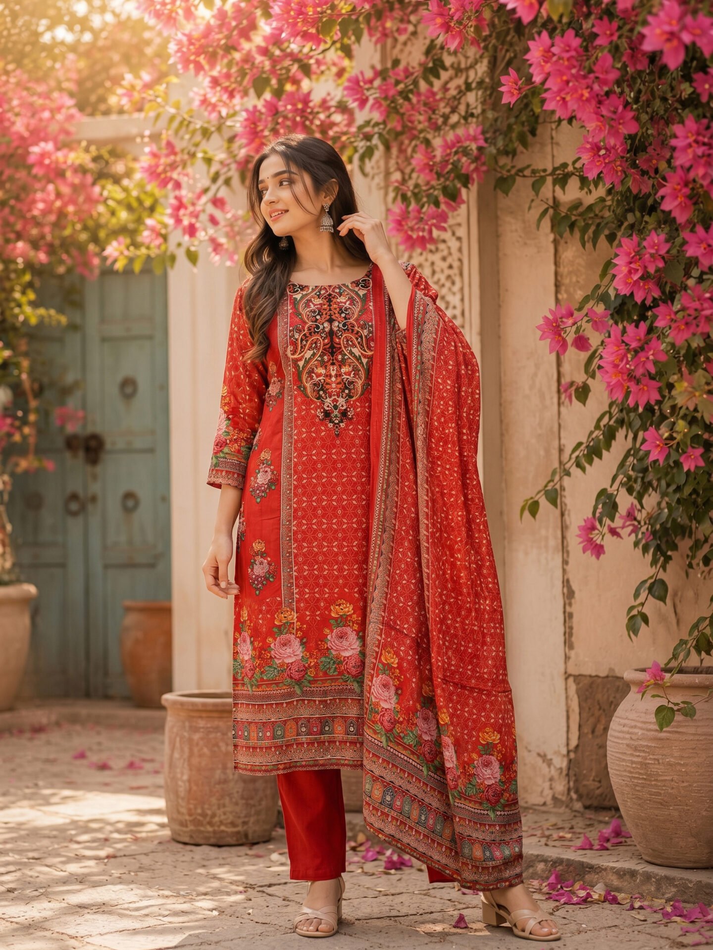 Red Paisley Printed Kurta Set With Dupatta