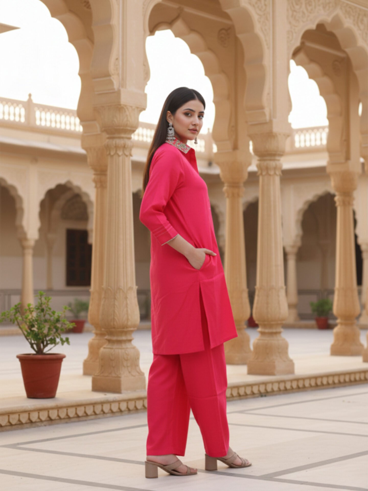 Hot Pink Collared Kurta Pant Set - Image 2