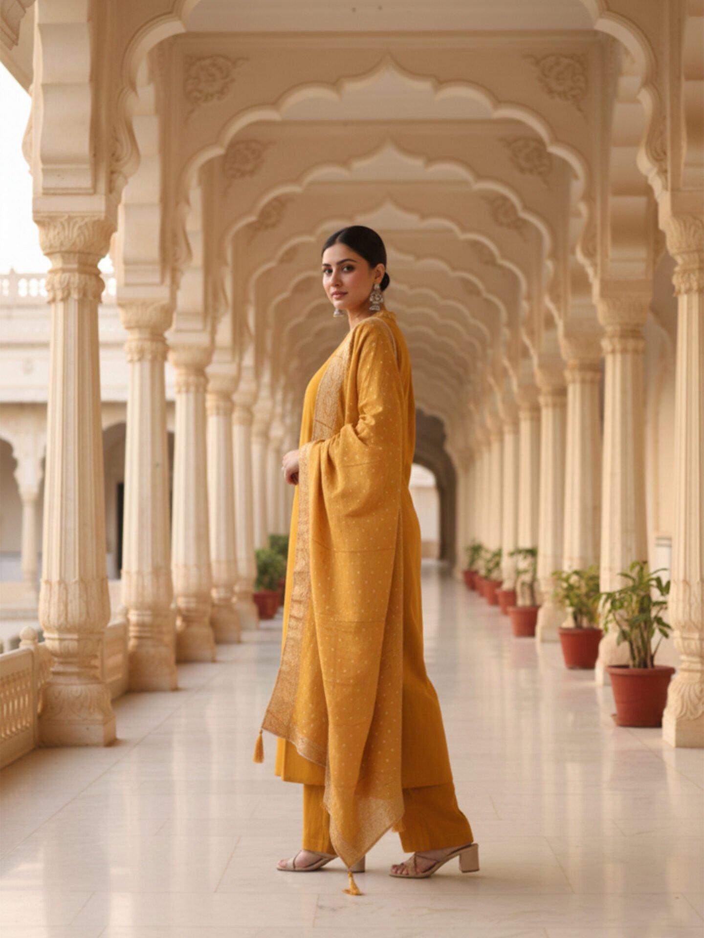 Mustard Yellow Embroidered Kurta Set with Matching Dupatta - Image 3