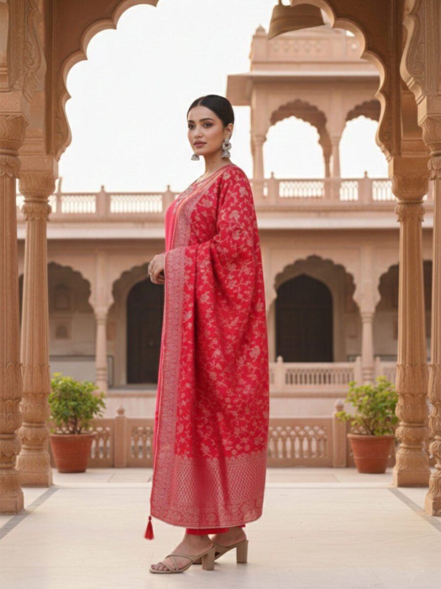 Pink Embroidered Kurta Set with Banarasi Dupatta