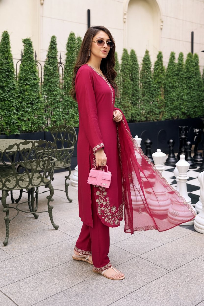 Rose Pink Embroidered Kurta Pant Set with Dupatta - Image 4