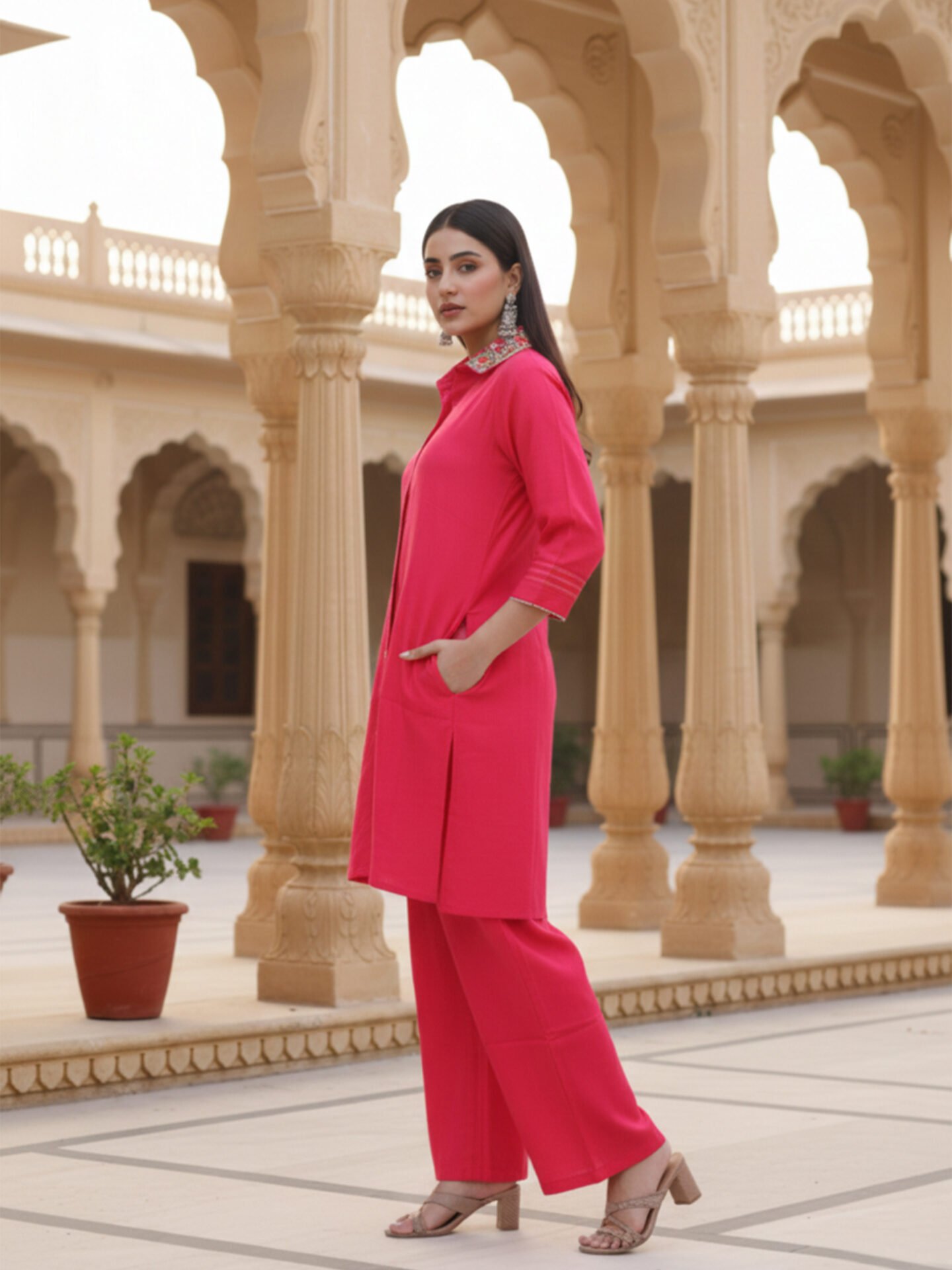 Hot Pink Collared Kurta Pant Set - Image 4