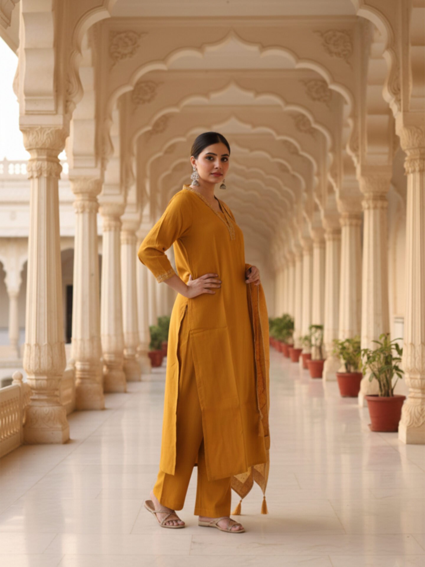 Mustard Yellow Embroidered Kurta Set with Matching Dupatta - Image 2