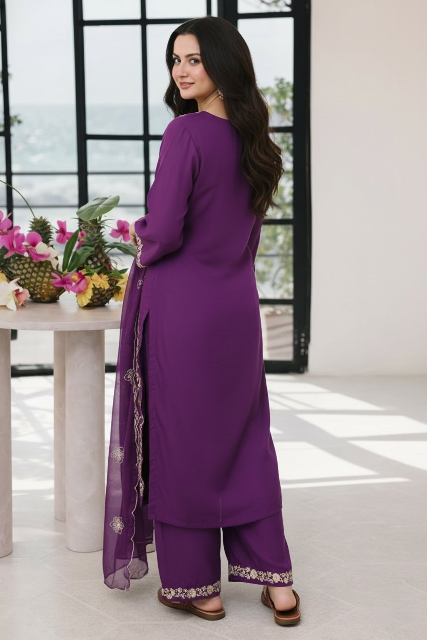 Royal Purple Embroidered Kurta Pant Set with Dupatta - Image 3