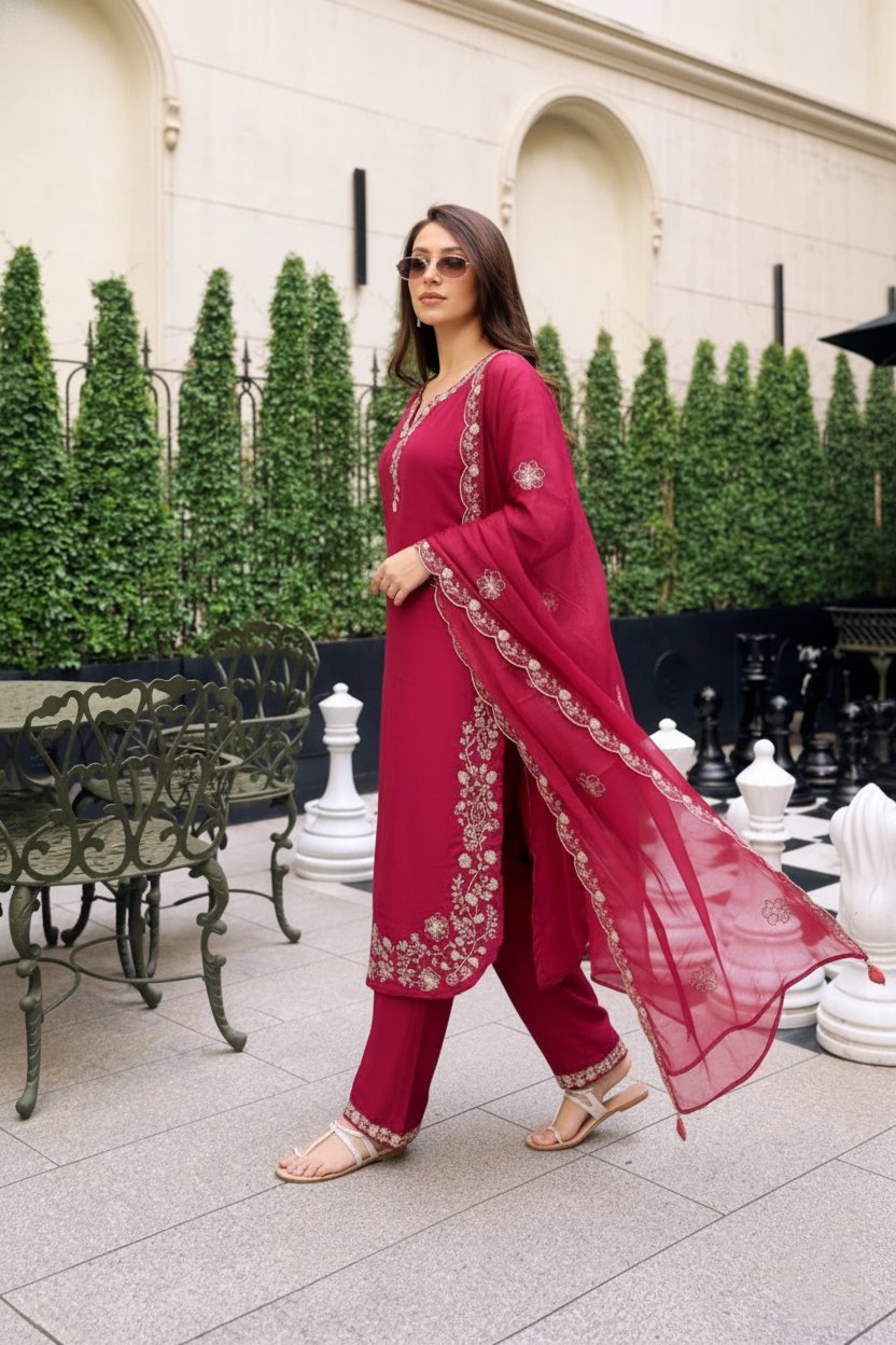 Rose Pink Embroidered Kurta Pant Set with Dupatta - Image 2