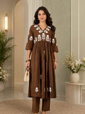Women's Mocha Brown Embroidered Kurta Pant Set - Tamanna 61820