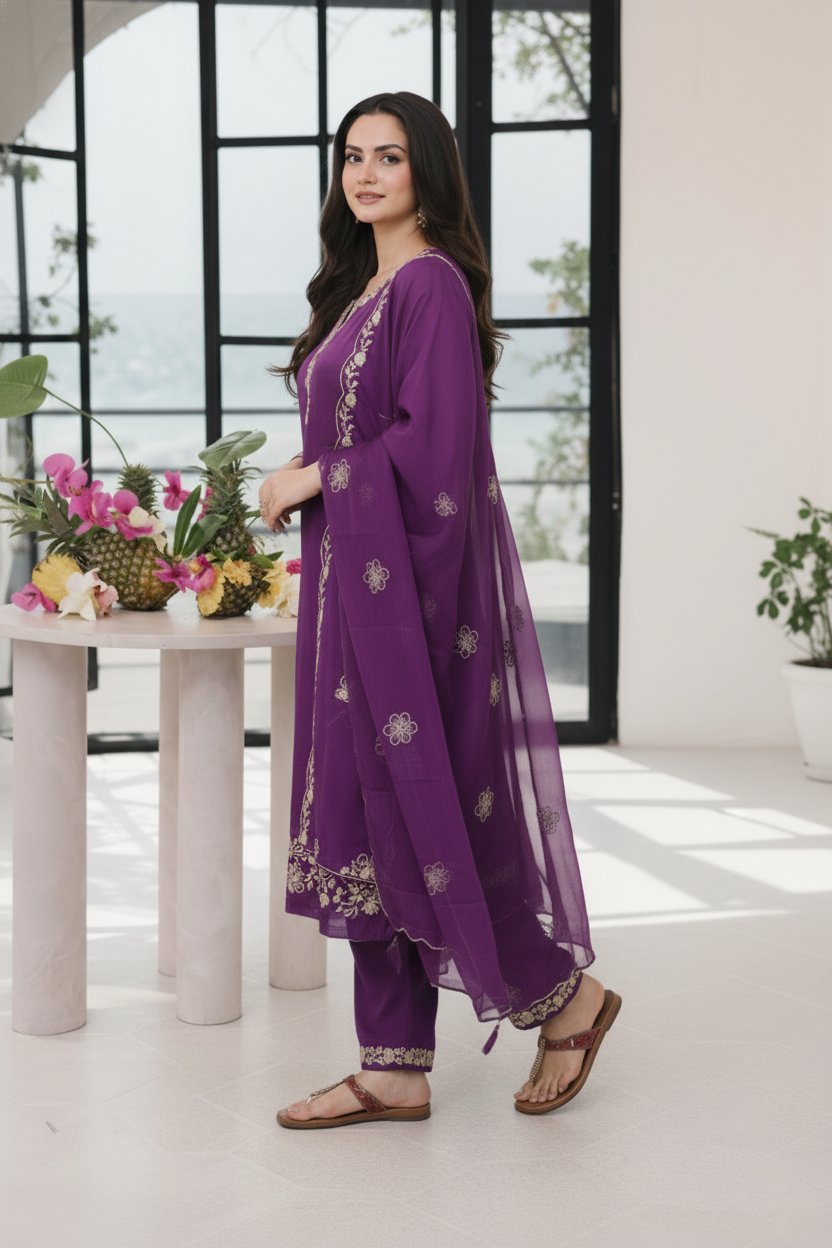Royal Purple Embroidered Kurta Pant Set with Dupatta - Image 2