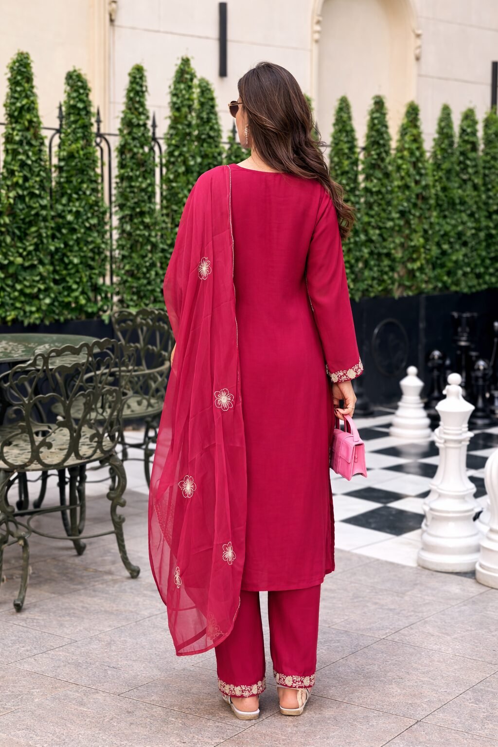 Rose Pink Embroidered Kurta Pant Set with Dupatta - Image 3