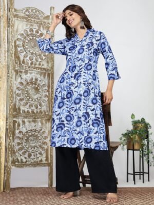 Women's Blue Floral Motif Straight Kurti