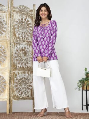 Women's Purple Traditional Motif Scoop Neck Short Kurti