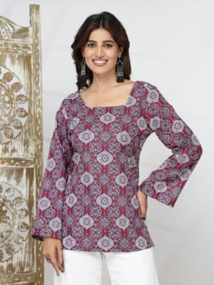 Women's Maroon Square Neck Tie-Up Back Short Kurti
