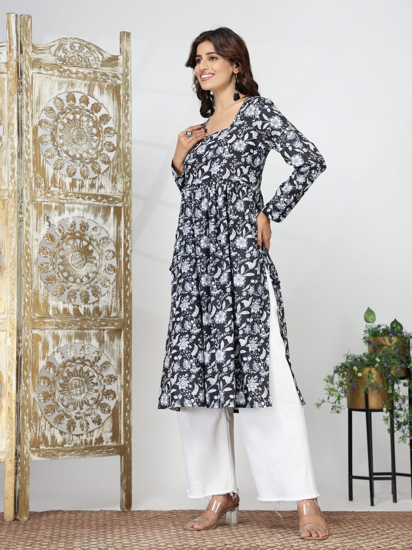 Women's Black Floral Print Front-Open Layered Dress - Image 7