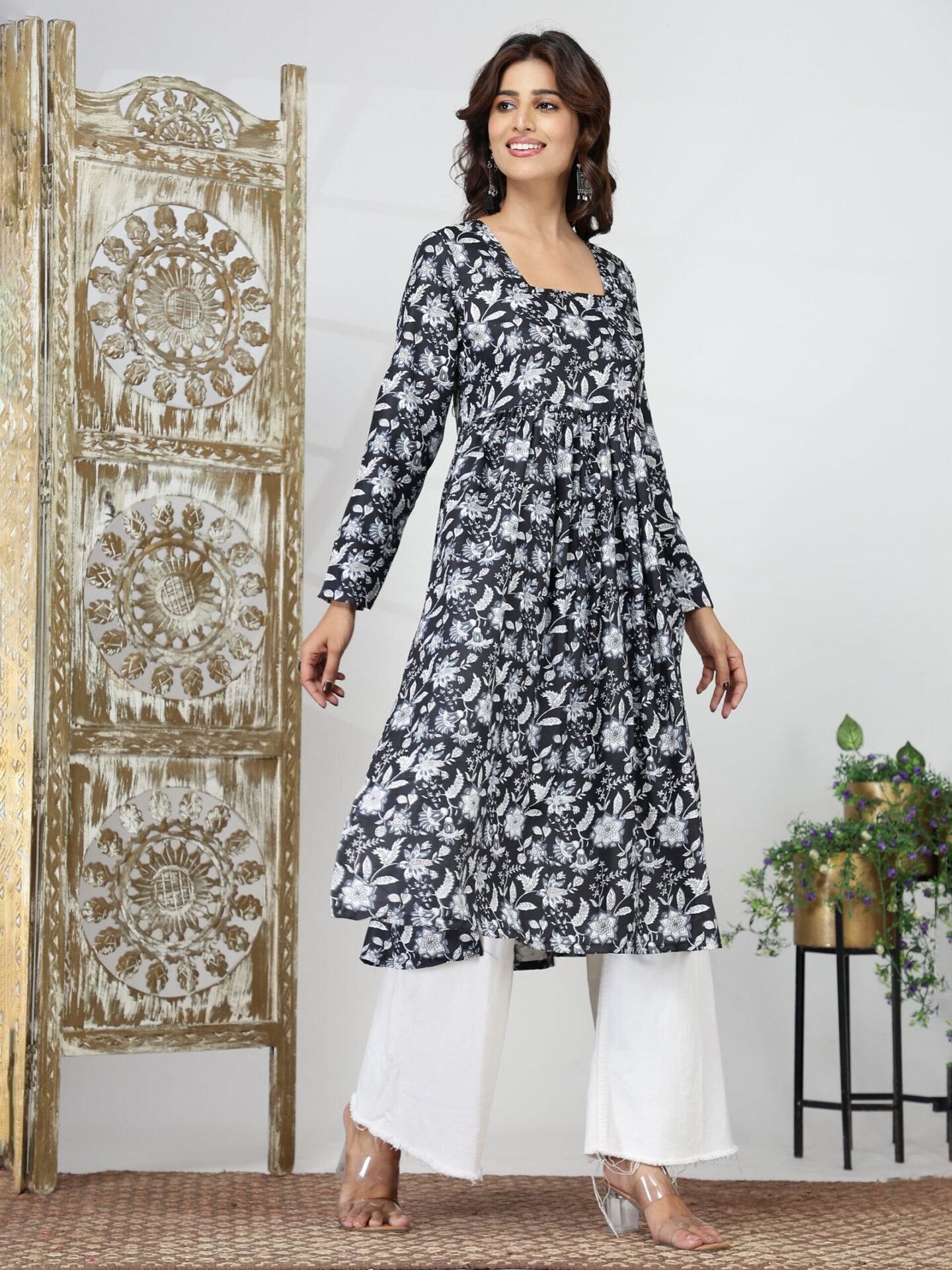 Women's Black Floral Print Front-Open Layered Dress - Image 2