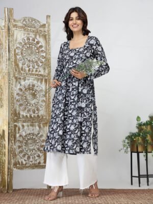 Women's Black Floral Print Front-Open Layered Dress