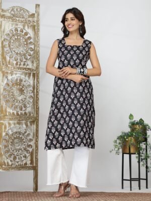 Women's Black Ethnic Motif Sleeveless Kurti