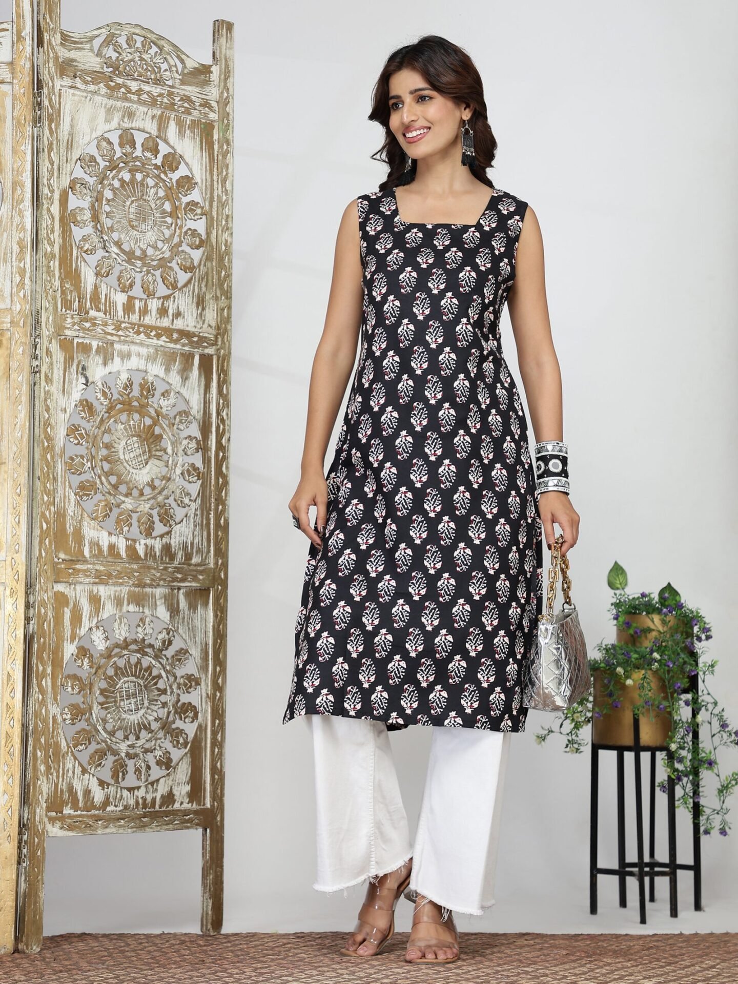 Women's Black Ethnic Motif Sleeveless Kurti - Image 7