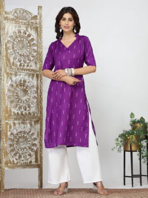 Women's Violet Geometric Motif V-Neck Kurti