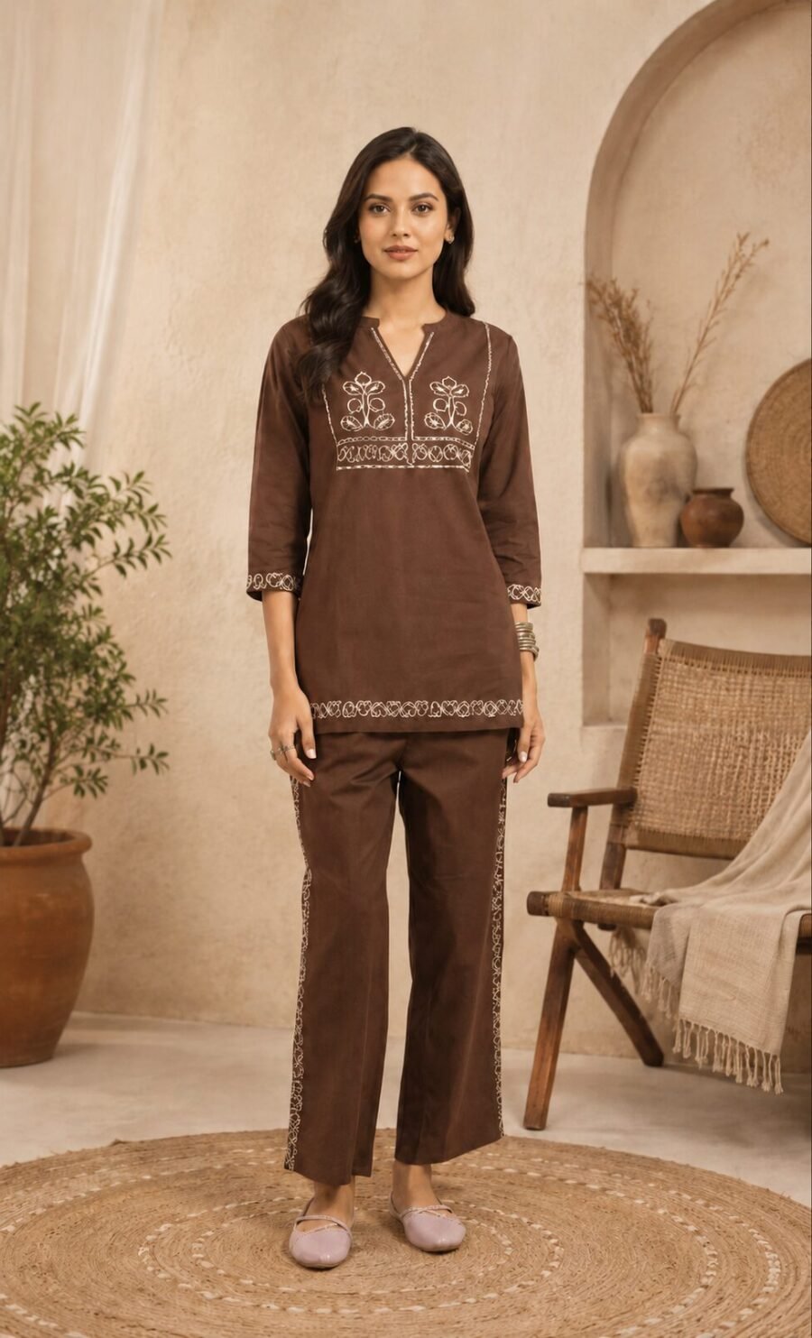 Women's Chocolate Brown Embroidered Co-ord Set - Dhurandhar C 51320