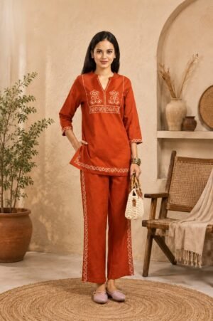 Women's Rust Orange Embroidered Co-ord Set