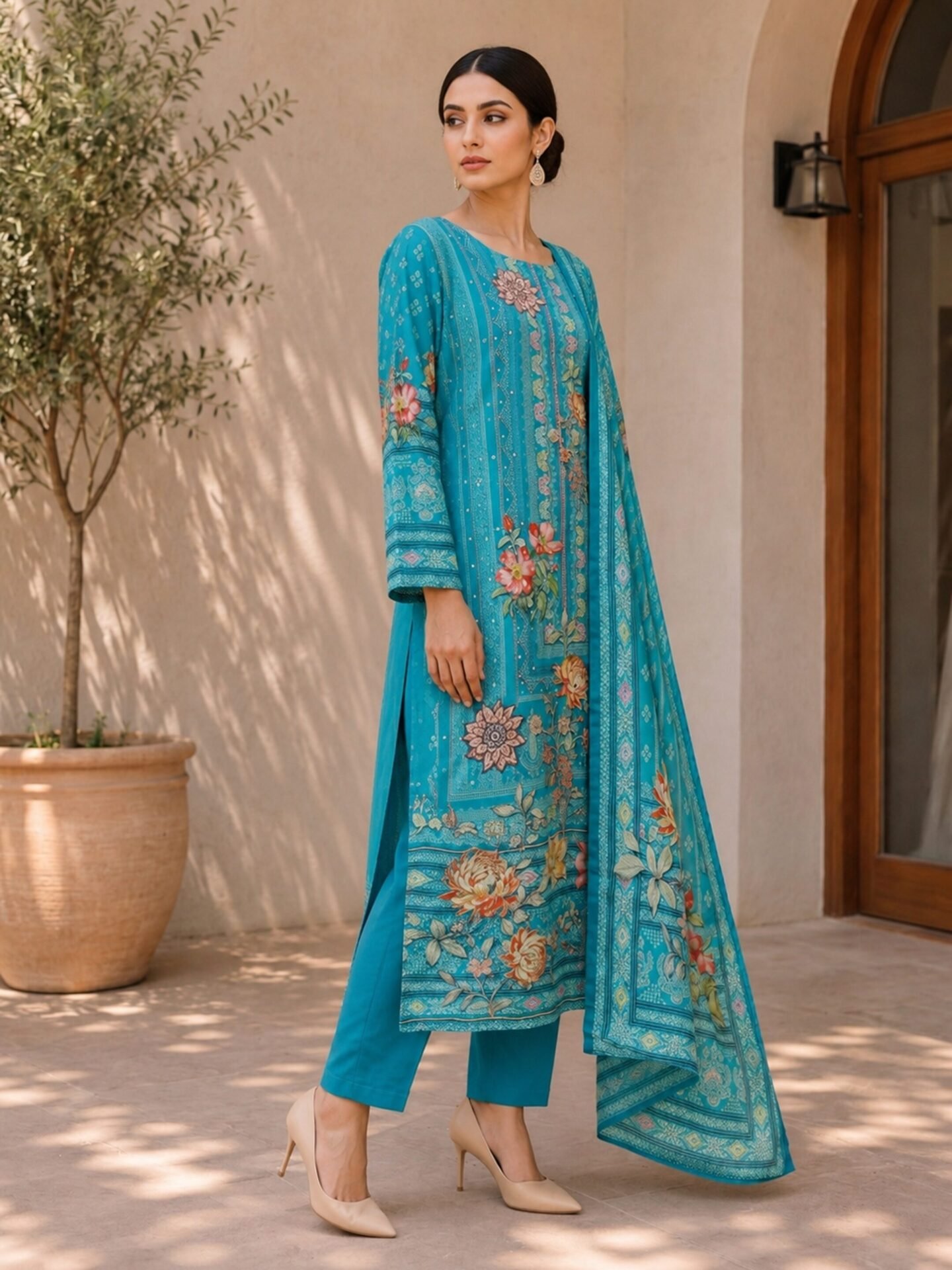 Turquoise Floral Embellished Kurta Set