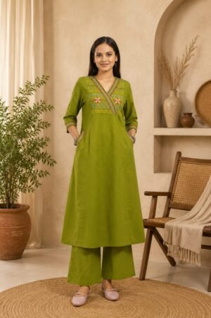 Women's Olive Green Embroidered Kurta Pant Set - Kutchh Express 51725