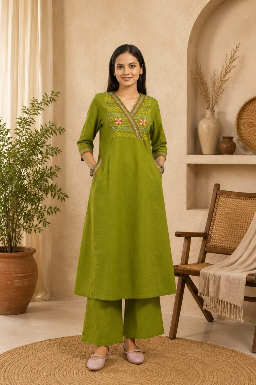 Women's Olive Green Embroidered Kurta Pant Set - Kutchh Express 51725