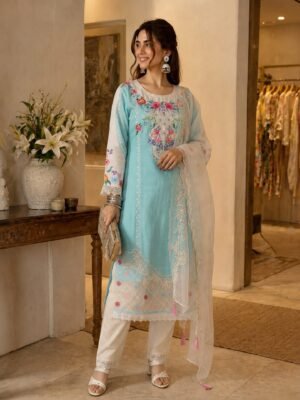 Sky Blue Embroidered Organza Dupatta Kurta Set