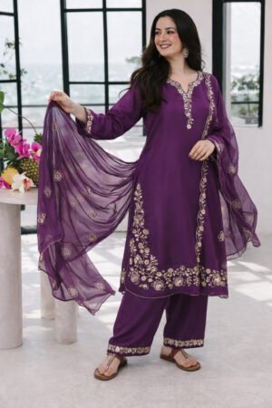 Royal Purple Embroidered Kurta Pant Set with Dupatta
