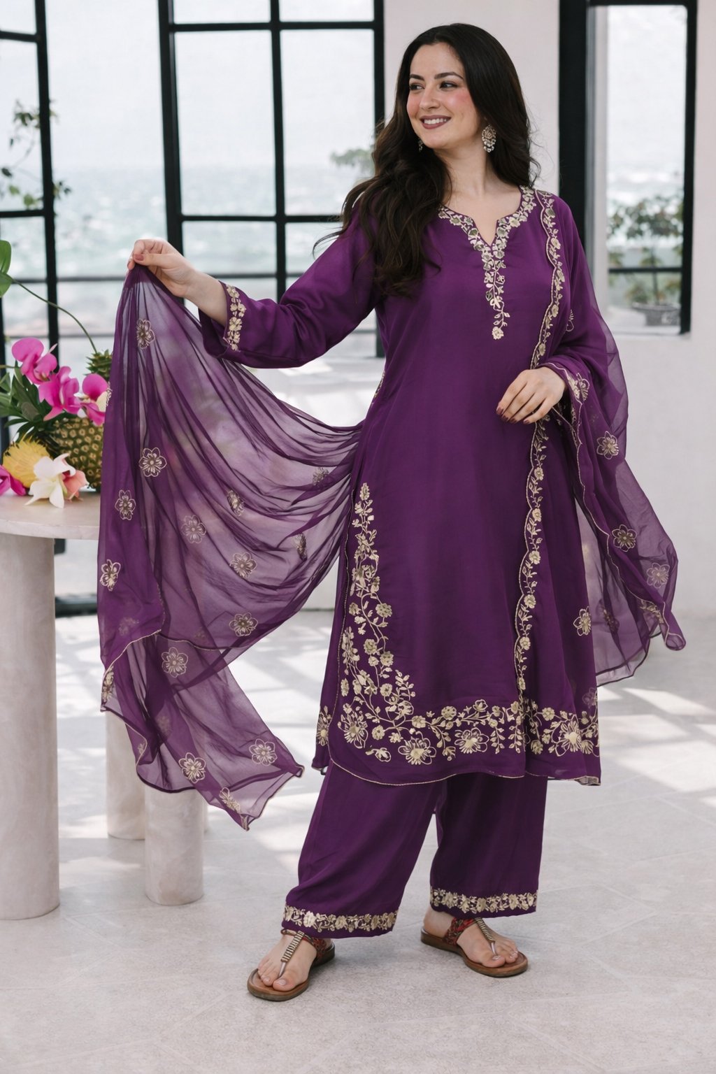 Royal Purple Embroidered Kurta Pant Set with Dupatta
